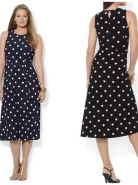Lauren Ralph Lauren Navy Blue & White Polka Dot Jersey Dress with Tie Waist 8
